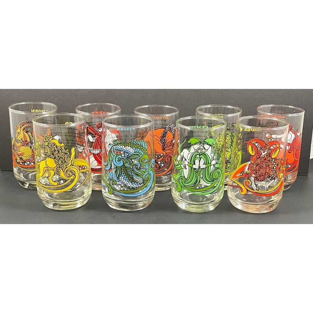 1976 Arby's Zodiac Drinking Glass Set of 9 Birth Sign Astrology Vintage Retro